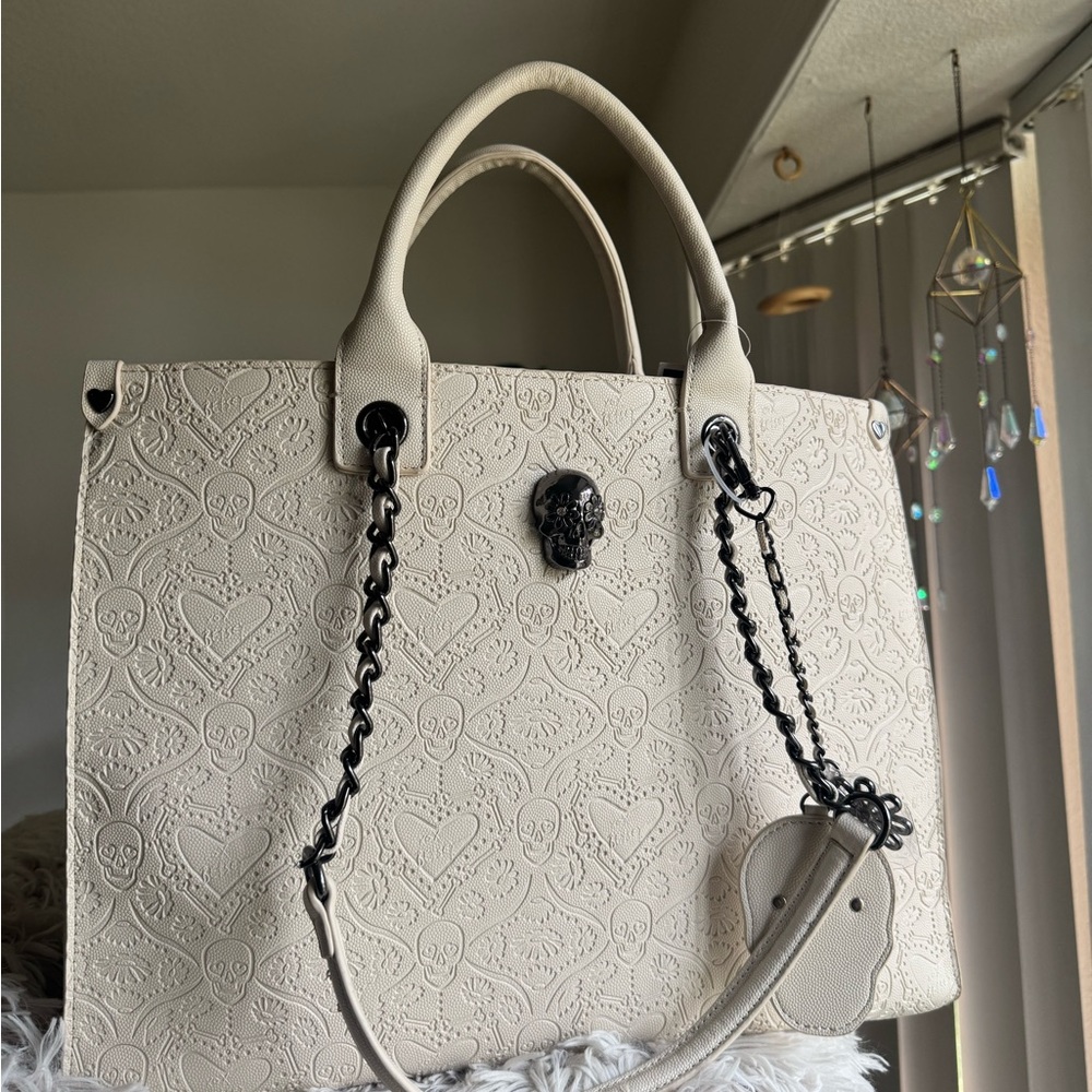 ❤️SOLD❤️ Betsy Johnson Chalk Skeleton Tote Bag with Bag Charm and Silver Chain